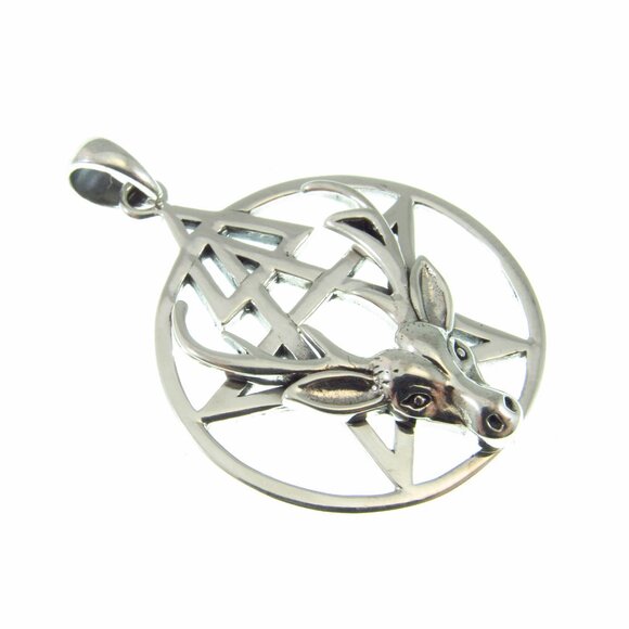 Solid 925 Sterling Silver Third Degree Deer Head Cernunnos Pentacle Pendant - Picture 6 of 9